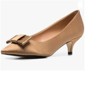 FSJ Dark Gold Pointed Toe Bows Pumps Kitten Heel Slip On Party Dress Office Shoe